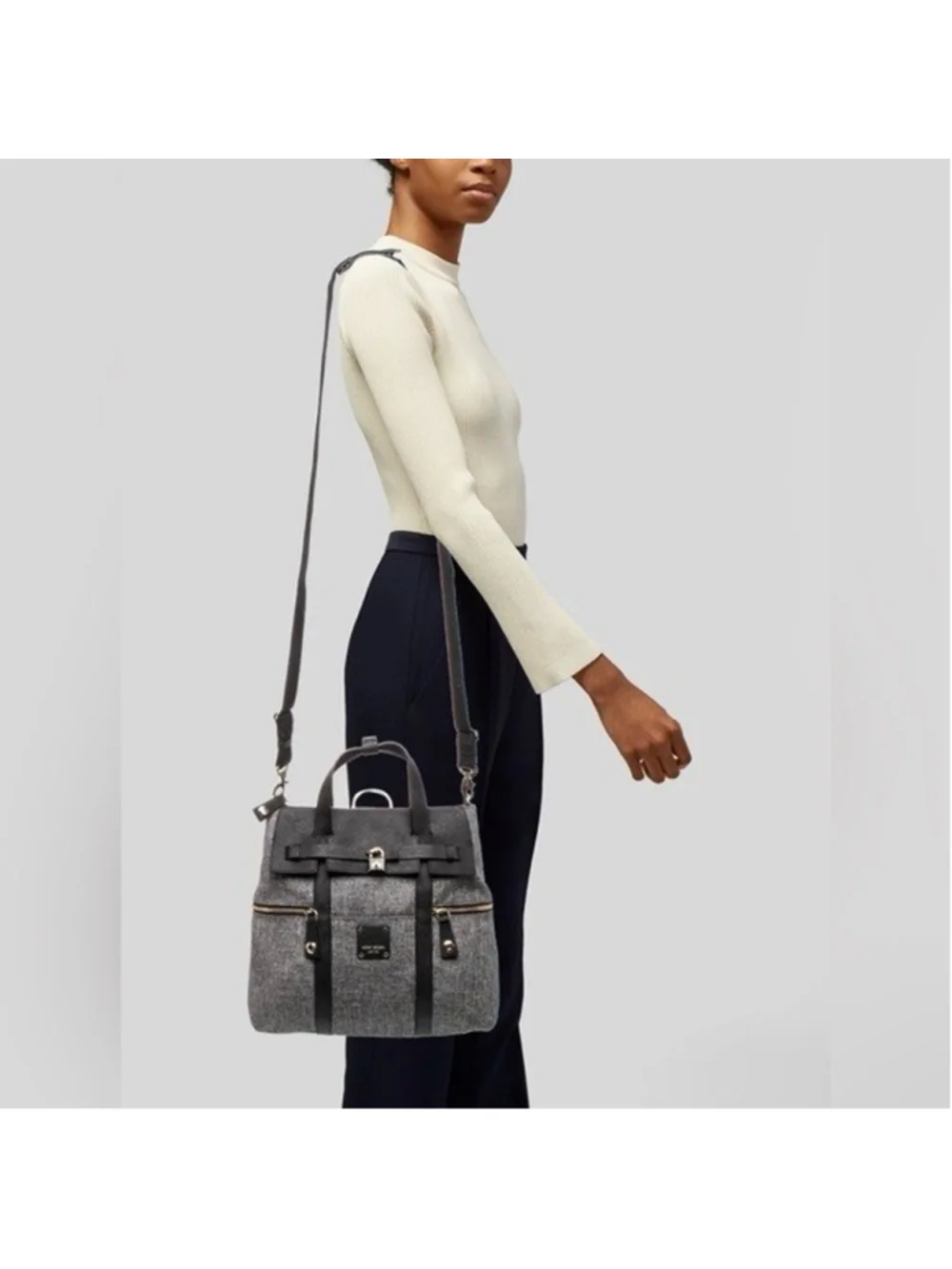 Henri Bendel Jetsetter 3-Way Convertible Backpack Grey Tweed Leather EUC Rare